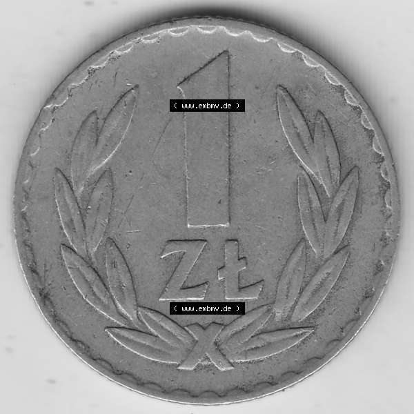 Grau bzw. s/w Münzen Polen KMS, Kursmünzensatz 1949-1949, Republik Polen 1 Zloty, Kupfer 1949-1. Rückseite mit Wert-Zahl / Wert-Angabe einer polnischen Münzen auf einen... Sammlung Graustufen