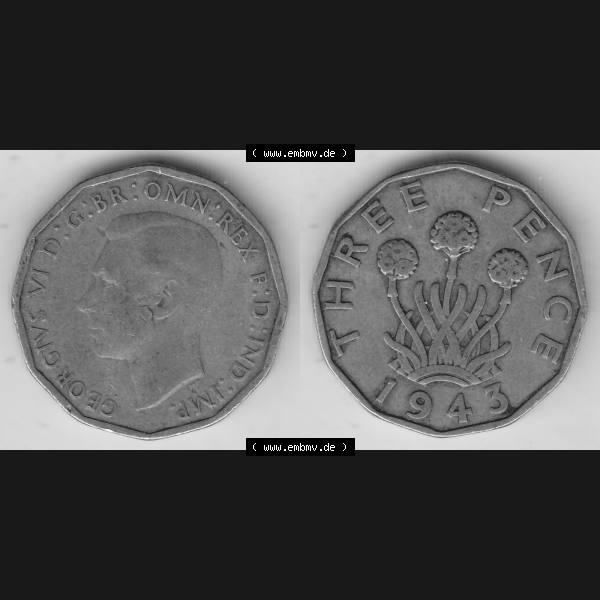 Grau bzw. s/w Alte Münzen Großbritannien Umlaufmünze 1937-1948, 3 Pence, Three Pence 1943-3, George VI, GEORGIVS VI D G BR OMN REX F D IND IMP. Vorderseite und Rückseite... Sammlung Graustufen
