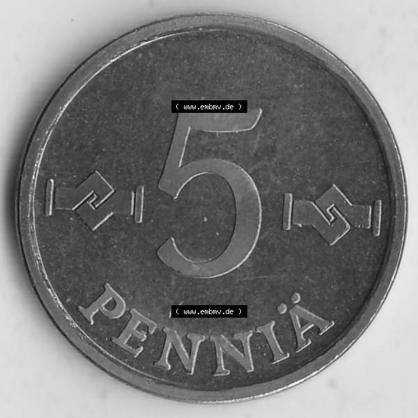 Grau bzw. s/w Alte Münzen KMS Finnland, Kursmünzensatz 1976 in Stempelglanz 1963-1977, 5 Penny Penniä 1976-1, SUOMEN TASAVALTA. Rückseite einer Münze aus KMS / Kursmünzen... Sammlung Graustufen