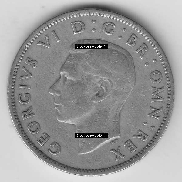 Grau bzw. s/w Alte Münzen Großbritannien Umlaufmünze 1949-1951, 2 Schilling, Shillings (Florin) 1951-3, George VI, GEORGIVS VI DG BR OMN REX, FID DEF TWO SHILLINGS.... Sammlung Graustufen
