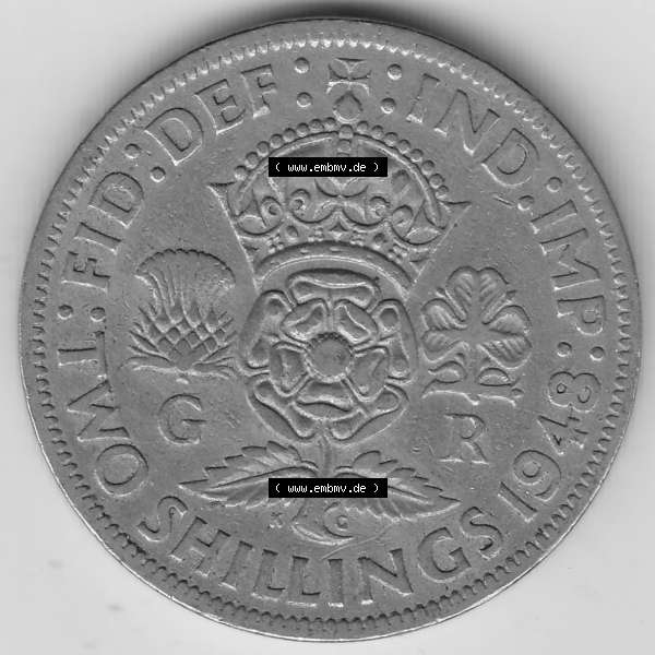 Grau bzw. s/w Alte Münzen Großbritannien Umlaufmünze 1947-1948, 2 Schilling-Florin, Two Shillings, 1948-6, George VI, GEORGIVS VI D G BR OMN REX, FID DEF IND IMP,... Sammlung Graustufen