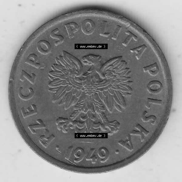 Grau bzw. s/w Münzen Polen KMS, Kursmünzensatz 1949-1949, Republik Polen 5 Groszy, Groschen, Bronze 1949-1. Vorderseite einer polnischen Münzen auf einen Digitalen Bild... Sammlung Graustufen