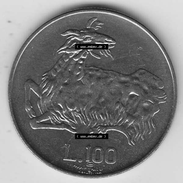 Grau bzw. s/w Bildmaterial Münzensatz / KMS 1974 aus San Marino 1974-1974, 100 Lire, L.100 MINGUZZI MONASSI INC.. Rückseite als Einzelansicht einer Umlaufmünze aus... Sammlung Graustufen