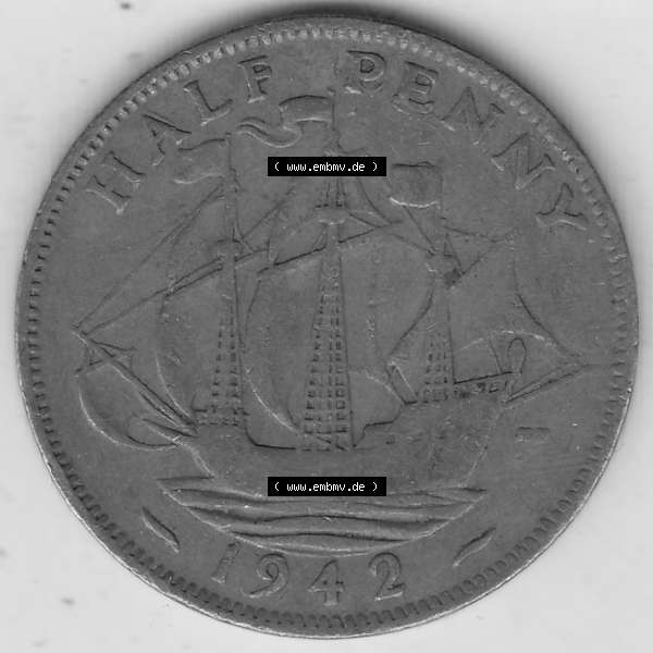 Grau bzw. s/w Alte Münzen Großbritannien Umlaufmünze 1937-1948, Half Penny, 1942-2, George VI, HALF PENNY HP, Segelschiff. Rückseite der alten britischen Münze... Sammlung Graustufen