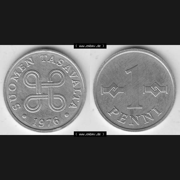 Grau bzw. s/w Alte Münzen KMS Finnland, Kursmünzensatz 1976 in Stempelglanz 1969-1979, 1 Penny, Penni 1976-1, SUOMEN TASAVALTA. Vorderseite und Rückseite zusammengefügt... Sammlung Graustufen