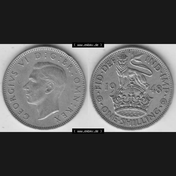 Grau bzw. s/w Alte Münzen Großbritannien Umlaufmünze 1949-1951, 1 One Schilling - Shilling, 1948-3 Stehender Löwe auf Krone. Vorderseite und Rückseite horizontal auf einen... Sammlung Graustufen