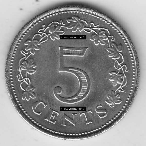 Grau bzw. s/w Bildmaterial Münzensatz / KMS 1972 aus Malta 1972-1981, 5 Cent 1972-1, MALTA 5 CENTS. Rückseite als Einzelansicht einer Umlaufmünze aus 1972 Malta, Münze... Sammlung Graustufen