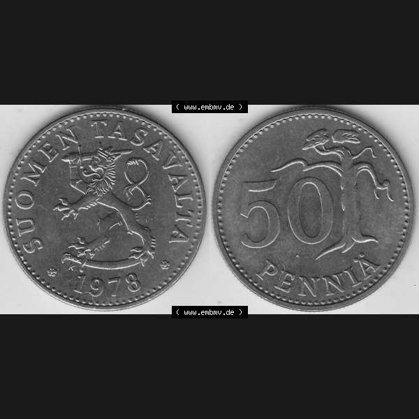 Grau bzw. s/w Alte Münzen KMS Finnland, Kursmünzensatz 1978 in Stempelglanz 1963-1990, 50 Penny 1978-1. Digitales Bild / Bildmaterial mit Vorderseite und Rückseite einer Münze... Sammlung Graustufen