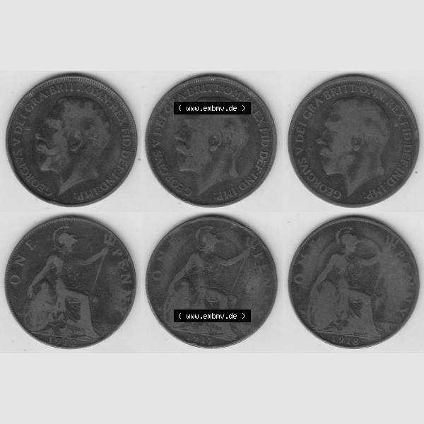 Grau bzw. s/w Alte Münzen Großbritannien Umlaufmünze 1912-1918, 1912, 1917, 1918 One Penny, 1 Penny George V. Ein Satz alter Münzen aus Großbritannien Zeitraum... Sammlung Graustufen