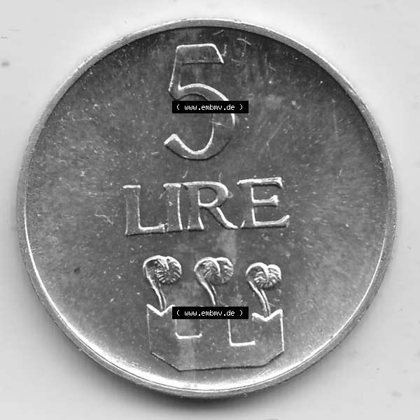Grau bzw. s/w Bildmaterial Münzensatz / KMS 1972 aus San Marino 1972-1972, 5 Lire, 1972, LIRE MONASSI REPUBBLICA DI SAN MARINO. Rückseite als Einzelansicht einer Umlaufmünze... Sammlung Graustufen