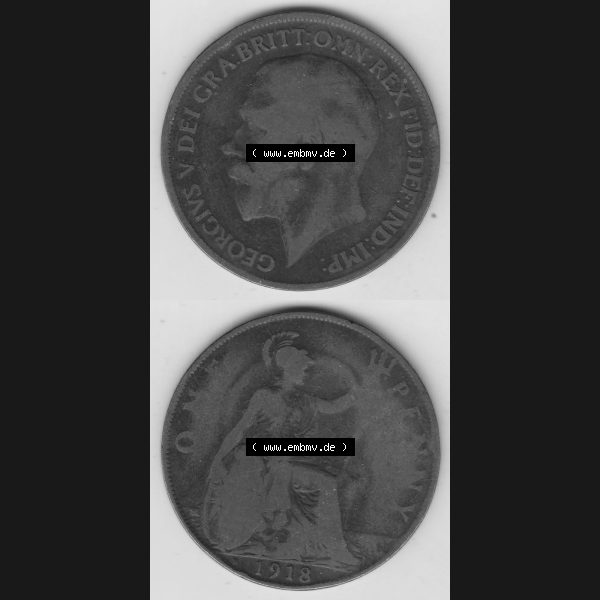 Grau bzw. s/w Alte Münzen Großbritannien Umlaufmünze 1911-1926, 1 Penny, One Penny, 1918-1, B.M. GEORGIVS V DEI GRA BRITT OMN REX FID DEF IND IMP. Vorderseite... Sammlung Graustufen