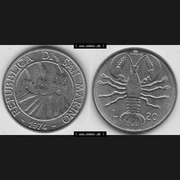Grau bzw. s/w Bildmaterial Münzensatz / KMS 1974 aus San Marino 1974-1974, 20 Lire, L.20 MINGUZZI MONASSI INC.. Vorderseite und Rückseite als horizontales Bildmaterial... Sammlung Graustufen
