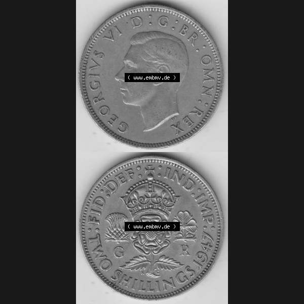 Grau bzw. s/w Alte Münzen Großbritannien Umlaufmünze 1947-1948, 2 Schilling-Florin, Two Shillings, 1947-1, George VI, GEORGIVS VI D G BR OMN REX, FID DEF IND IMP,... Sammlung Graustufen