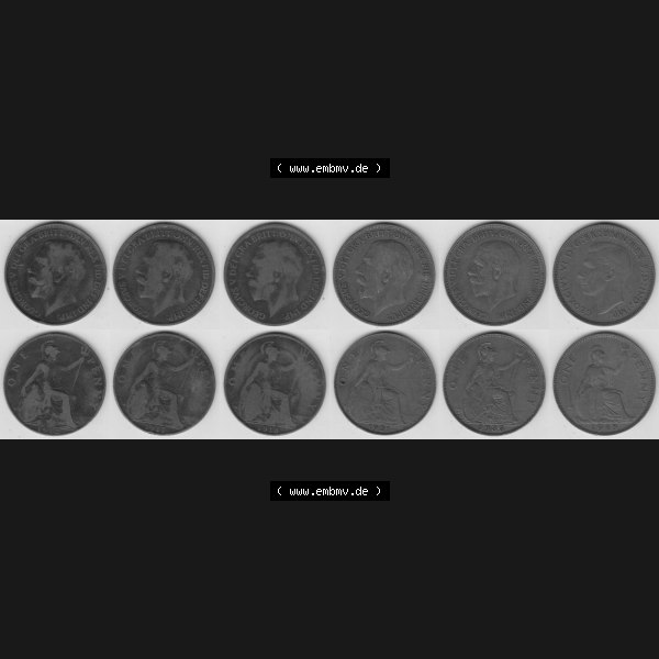 Grau bzw. s/w Alte Münzen Großbritannien Umlaufmünze 1912-1948, 1912, 1917, 1918, 1921, 1935 und 1948 One Penny, 1 Penny George V. VI.. Ein Satz... Sammlung Graustufen