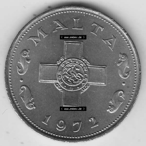 Grau bzw. s/w Bildmaterial Münzensatz / KMS 1972 aus Malta 1972-1982, 1 Cent 1972-1, MALTA 1 CENT. Vorderseite einer Umlaufmünze aus 1972 Malta, Münze aus offiziellen Kursmünzensatz... Sammlung Graustufen