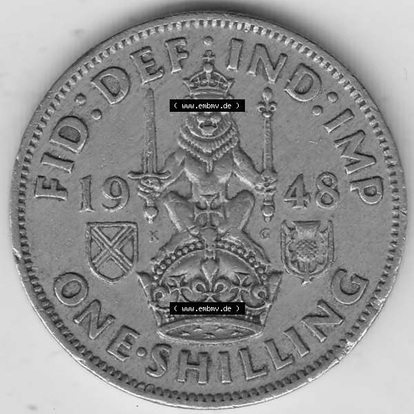 Grau bzw. s/w Alte Münzen Großbritannien Umlaufmünze 1949-1951, 1 One Schilling - Shilling, 1948-6 Stehender Löwe auf Krone. Rückseite der alten britischen Münze aus... Sammlung Graustufen