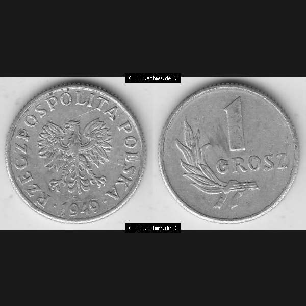 Grau bzw. s/w Münzen Polen KMS, Kursmünzensatz 1949-1949, Republik Polen 1 Grosz, Groschen, Aluminium 1949-1. Vorderseite und Rückseite horizontal mit Wert-Zahl / Wert-Angabe... Sammlung Graustufen