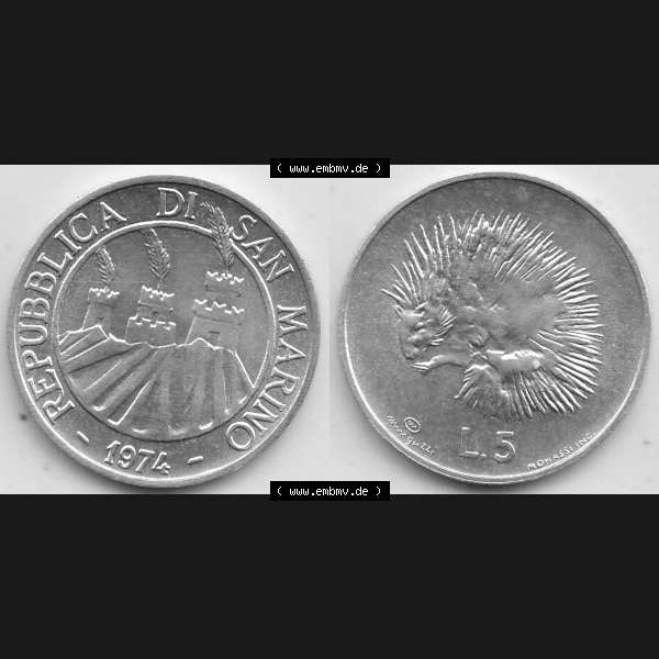 Grau bzw. s/w Bildmaterial Münzensatz / KMS 1974 aus San Marino 1974-1974, 5 Lire, L.5 MINGUZZI MONASSI INC.. Vorderseite und Rückseite als horizontales Bildmaterial für... Sammlung Graustufen