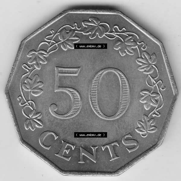 Grau bzw. s/w Bildmaterial Münzensatz / KMS 1972 aus Malta 1972-1981, 50 Cent 1972-1, MALTA 50 CENTS. Rückseite als Einzelansicht einer Umlaufmünze aus 1972 Malta, Münze... Sammlung Graustufen