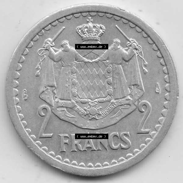 Grau bzw. s/w Alte Münzen Monaco Umlaufmünze Einzelansicht 1943-1943, 2 Franken 1943-2, in Aluminium, LOUIS II PRINCE DE MONACO, 2 FRANCS DEO JUVANTE. Rückseite auf einen... Sammlung Graustufen