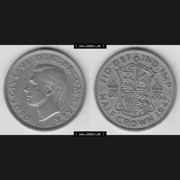 Grau bzw. s/w Alte Münzen Großbritannien Umlaufmünze 1947-1948, 1/2 Krone, Half Crown 1947-1, George VI, FID DEF IND IMP HALF CROWN. Vorderseite und Rückseite... Sammlung Graustufen