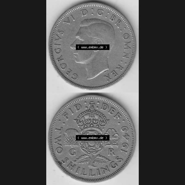 Grau bzw. s/w Alte Münzen Großbritannien Umlaufmünze 1949-1951, 2 Schilling, Shillings (Florin) 1949-2, George VI, GEORGIVS VI DG BR OMN REX, FID DEF TWO SHILLINGS.... Sammlung Graustufen
