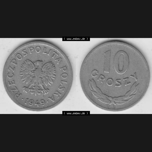 Grau bzw. s/w Münzen Polen KMS, Kursmünzensatz 1949-1949, Republik Polen 10 Groszy, Groschen, Kupfer 1949-1. Vorderseite und Rückseite horizontal mit Wert-Zahl / Wert-Angabe... Sammlung Graustufen