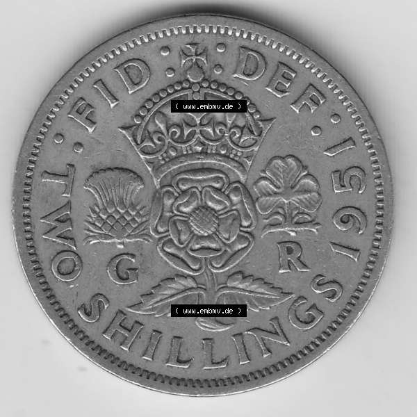 Grau bzw. s/w Alte Münzen Großbritannien Umlaufmünze 1949-1951, 2 Schilling, Shillings (Florin) 1951-2, George VI, GEORGIVS VI DG BR OMN REX, FID DEF TWO SHILLINGS.... Sammlung Graustufen