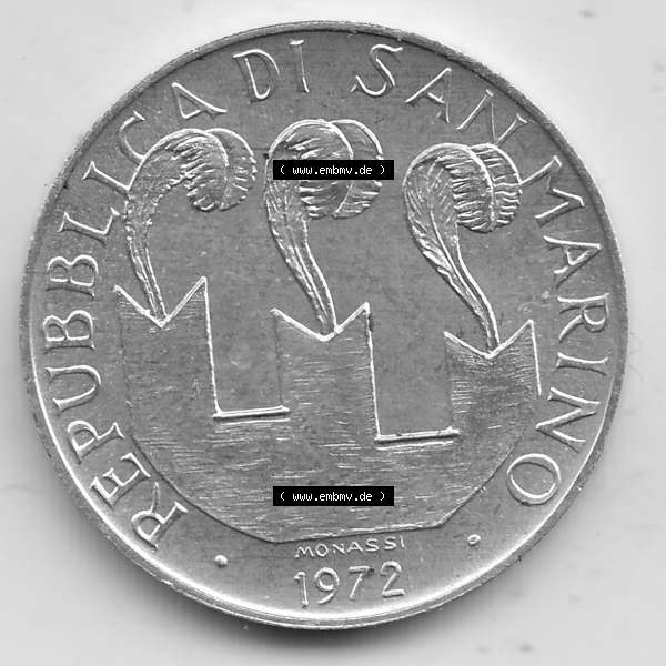 Grau bzw. s/w Bildmaterial Münzensatz / KMS 1972 aus San Marino 1972-1972, 10 Lire 1972, MONASSI REPUBBLICA DI SAN MARINO, 10 LIRE. Vorderseite einer Umlaufmünze aus 1972 REPUBBLICA... Sammlung Graustufen