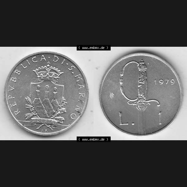 Grau bzw. s/w Bildmaterial Münzensatz / KMS 1979 aus San Marino 1979-1979, 1 Lira, 1 Lire, J. V. LIBERTAS REPVBBLICA DI S. MARINO, 1979 L.1. Vorderseite... Sammlung Graustufen