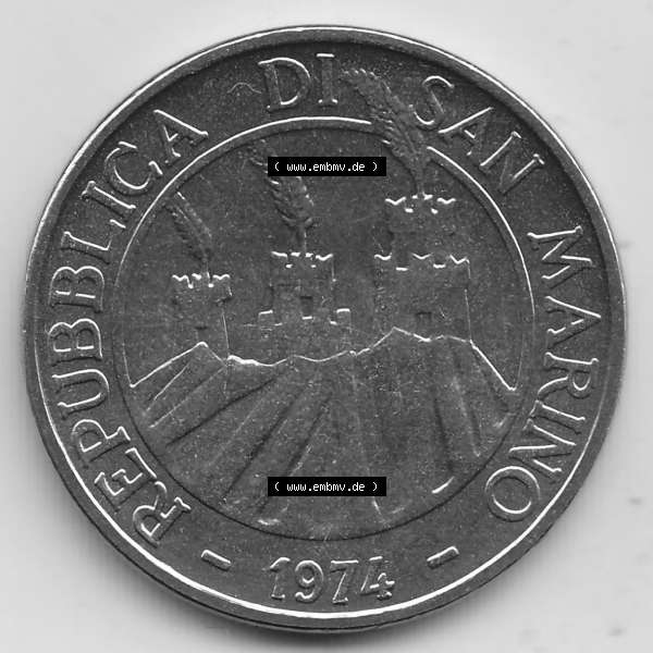 Grau bzw. s/w Bildmaterial Münzensatz / KMS 1974 aus San Marino 1974-1974, 50 Lire, L.50 MINGUZZI MONASSI INC.. Vorderseite einer Umlaufmünze aus 1974 REPUBBLICA DI SAN... Sammlung Graustufen
