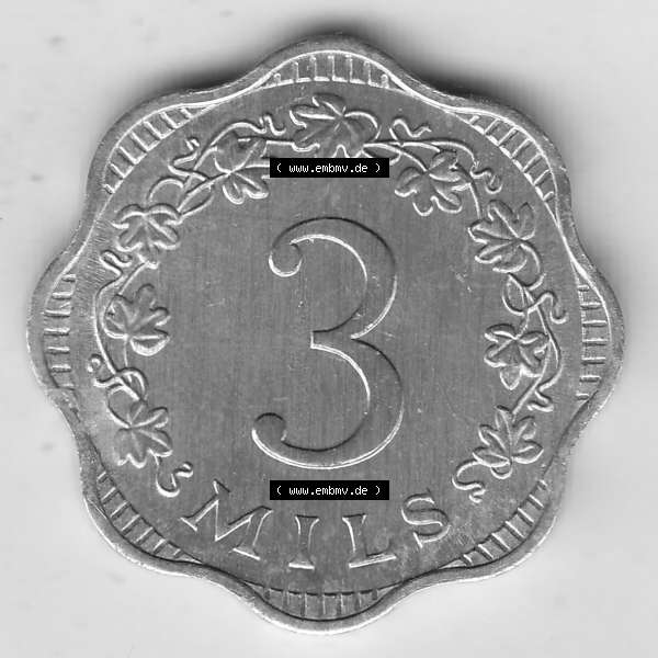 Grau bzw. s/w Bildmaterial Münzensatz / KMS 1972 aus Malta 1972-2006, 3 Mils 1972-1, MALTA 3 MILS. Rückseite als Einzelansicht einer Umlaufmünze aus 1972 Malta, Münze... Sammlung Graustufen