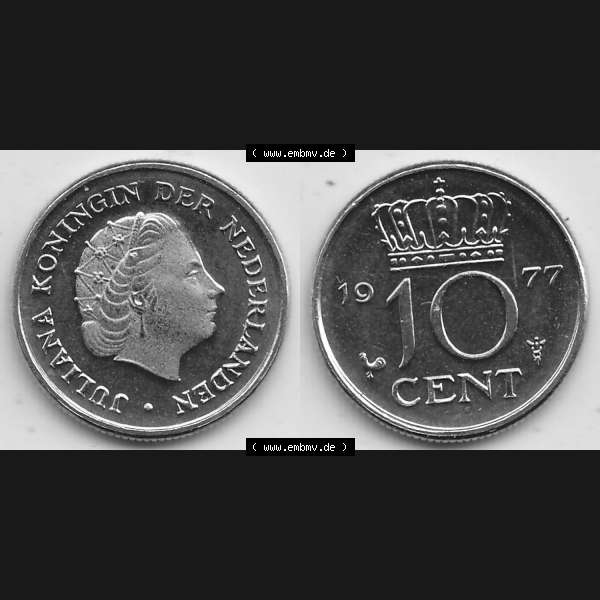 Grau bzw. s/w Alte Münzen KMS Niederlande, Kursmünzensatz 1977, 1950-1980, 10 Cent, 1977-1 JULIANA KONINGIN DER NEDERLANDEN. Digitales Bild / Bildmaterial mit Vorderseite... Sammlung Graustufen