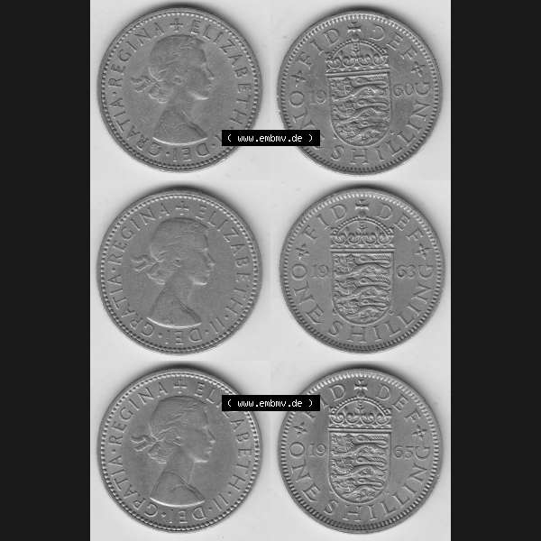 Grau bzw. s/w Alte Münzen Großbritannien Umlaufmünze One Shilling, 1 Schilling 1960, 1963, 1965. Ein Satz alter Münzen aus Großbritannien als Motiv vom digitalen Bild... Sammlung Graustufen