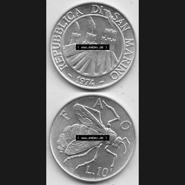 Grau bzw. s/w Bildmaterial Münzensatz / KMS 1974 aus San Marino 1974-1974, 10 Lire, L.10 MINGUZZI MONASSI INC.. Vorderseite und Rückseite als vertikales untereinander zusammengefügte... Sammlung Graustufen