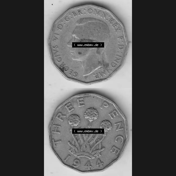 Grau bzw. s/w Alte Münzen Großbritannien Umlaufmünze 1937-1948, 3 Pence, Three Pence 1944-1, George VI, GEORGIVS VI D G BR OMN REX F D IND IMP. Vorderseite und Rückseite... Sammlung Graustufen