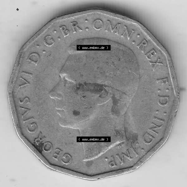 Grau bzw. s/w Alte Münzen Großbritannien Umlaufmünze 1937-1948, 3 Pence, Three Pence 1944-1, George VI, GEORGIVS VI D G BR OMN REX F D IND IMP. Vorderseite der alten britischen... Sammlung Graustufen