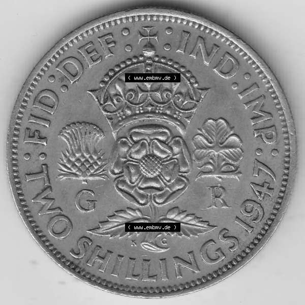 Grau bzw. s/w Alte Münzen Großbritannien Umlaufmünze 1947-1948, 2 Schilling-Florin, Two Shillings, 1947-1, George VI, GEORGIVS VI D G BR OMN REX, FID DEF IND IMP,... Sammlung Graustufen