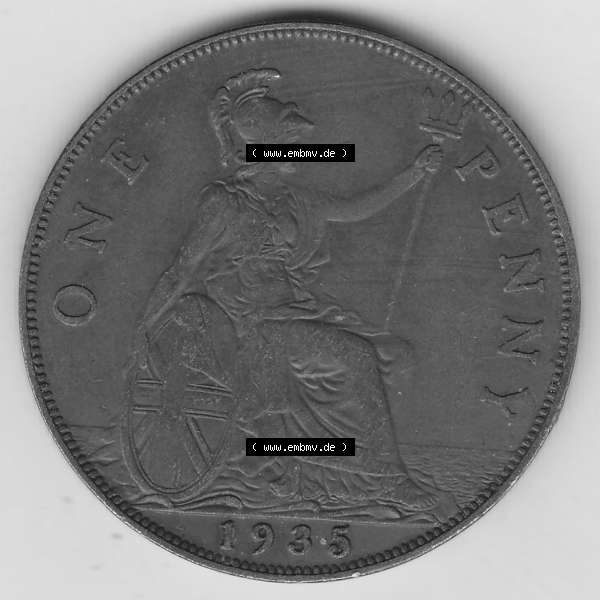 Grau bzw. s/w Alte Münzen Großbritannien Umlaufmünze 1928-1936, 1 Penny, ONE PENNY, 1935-1, BM GEORGIVS V DEI GRA BRITT OMN REX FID DEF IND IMP. Rückseite der alten... Sammlung Graustufen