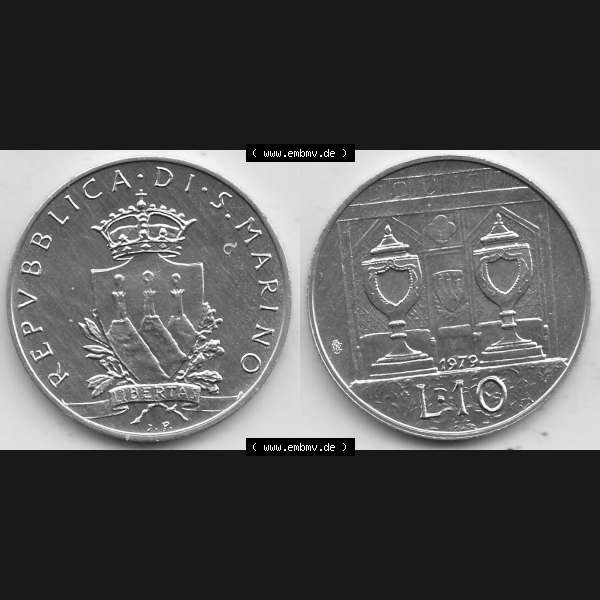 Grau bzw. s/w Bildmaterial Münzensatz / KMS 1979 aus San Marino 1979-1979, 10 Lire, J. V. LIBERTAS REPVBBLICA DI S. MARINO, 1979 L.10. Vorderseite und Rückseite... Sammlung Graustufen