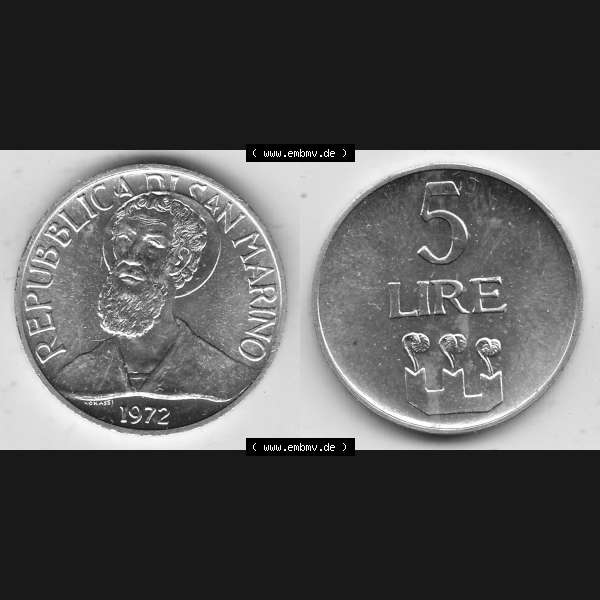 Grau bzw. s/w Bildmaterial Münzensatz / KMS 1972 aus San Marino 1972-1972, 5 Lire, 1972, LIRE MONASSI REPUBBLICA DI SAN MARINO. Vorderseite und Rückseite einer Umlaufmünze... Sammlung Graustufen