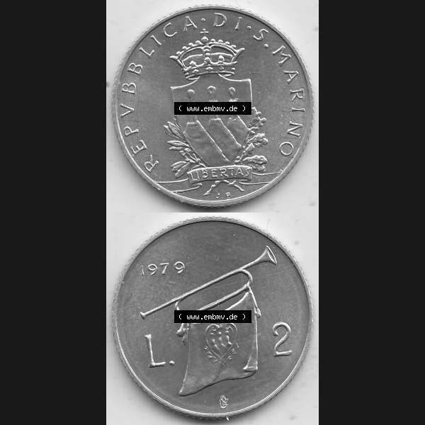 Grau bzw. s/w Bildmaterial Münzensatz / KMS 1979 aus San Marino 1979-1979, 2 Lire, J. V. LIBERTAS REPVBBLICA DI S. MARINO, 1979 L.2. Vorderseite und Rückseite... Sammlung Graustufen
