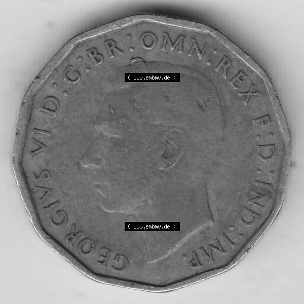Grau bzw. s/w Alte Münzen Großbritannien Umlaufmünze 1937-1948, 3 Pence, Three Pence 1943-1, George VI, GEORGIVS VI D G BR OMN REX F D IND IMP. Vorderseite der alten britischen... Sammlung Graustufen