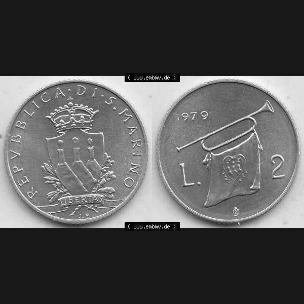 Grau bzw. s/w Bildmaterial Münzensatz / KMS 1979 aus San Marino 1979-1979, 2 Lire, J. V. LIBERTAS REPVBBLICA DI S. MARINO, 1979 L.2. Vorderseite und Rückseite... Sammlung Graustufen