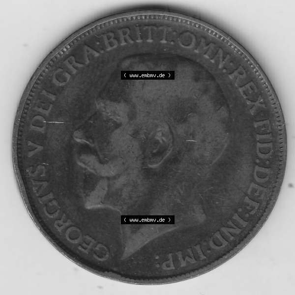 Grau bzw. s/w Alte Münzen Großbritannien Umlaufmünze 1911-1926, 1 Penny, One Penny, 1912-1, B.M. GEORGIVS V DEI GRA BRITT OMN REX FID DEF IND IMP. Vorderseite... Sammlung Graustufen
