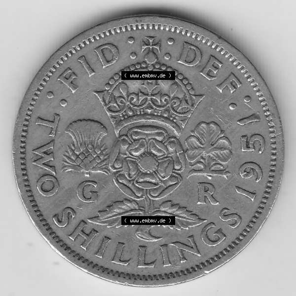 Grau bzw. s/w Alte Münzen Großbritannien Umlaufmünze 1949-1951, 2 Schilling, Shillings (Florin) 1951-3, George VI, GEORGIVS VI DG BR OMN REX, FID DEF TWO SHILLINGS.... Sammlung Graustufen