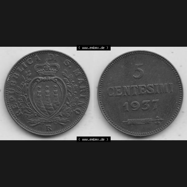 Grau bzw. s/w Bildmaterial Münzen aus San Marino vor 1950, 1935-1938, 5 Centesimi, Cent-Wert 1937-1, LIBERTAS REPUBBLICA DI S. MARINO, 5 CENTESIMI. Vorderseite und Rückseite... Sammlung Graustufen