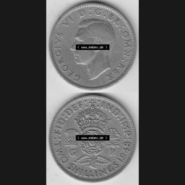 Grau bzw. s/w Alte Münzen Großbritannien Umlaufmünze 1947-1948, 2 Schilling-Florin, Two Shillings, 1948-7, George VI, GEORGIVS VI D G BR OMN REX, FID DEF IND IMP,... Sammlung Graustufen