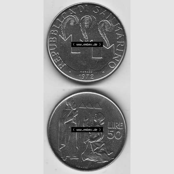 Grau bzw. s/w Bildmaterial Münzensatz / KMS 1972 aus San Marino 1972-1972, 50 Lire, 1972, MONASSI REPUBBLICA DI SAN MARINO 50 LIRE. Vorderseite und Rückseite einer Umlaufmünze... Sammlung Graustufen