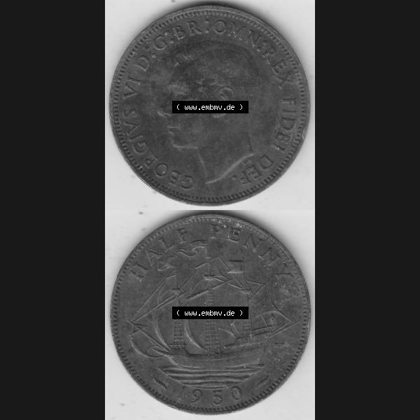 Grau bzw. s/w Alte Münzen Großbritannien Umlaufmünze 1949-1952, Half Penny, 1950-1, George VI, HALF PENNY HP, Segelschiff. Vorderseite und Rückseite vertikal... Sammlung Graustufen